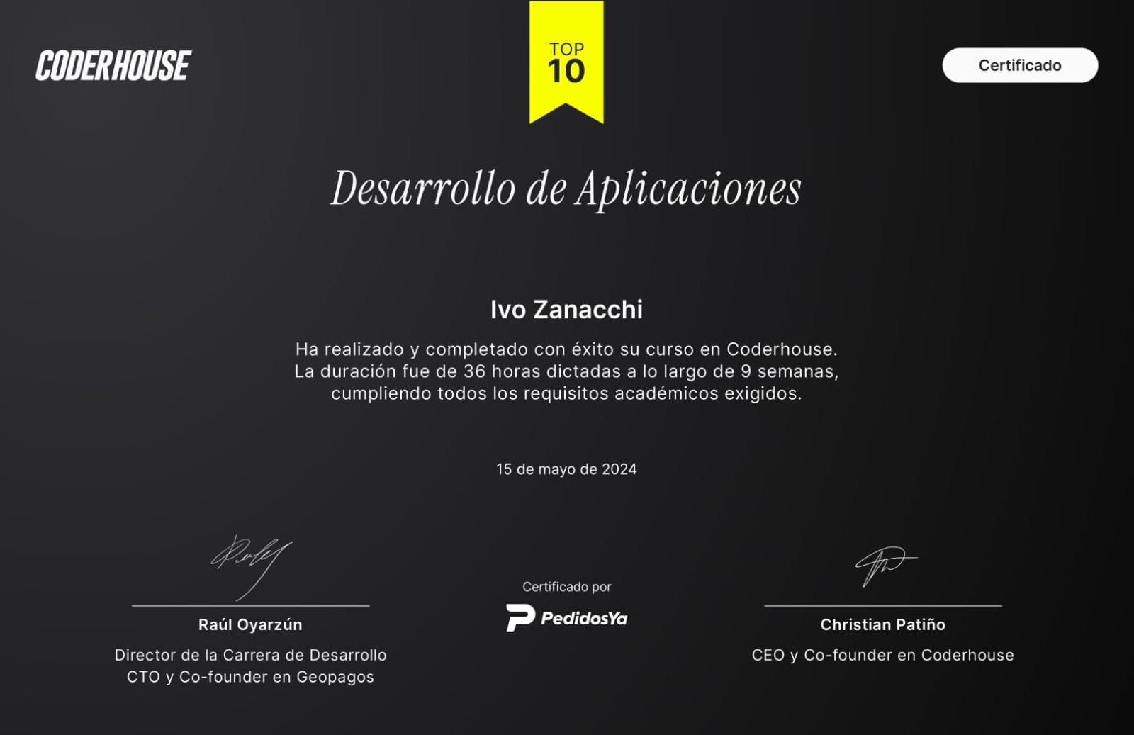 App Development certificate from Coderhouse, Top 10, certified by PedidosYa