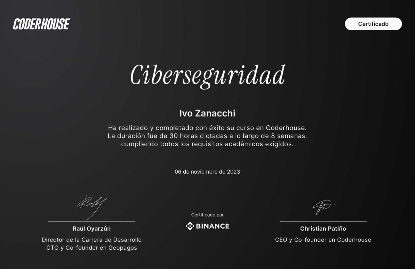 Cybersecurity certificate from Coderhouse, certified by Binance