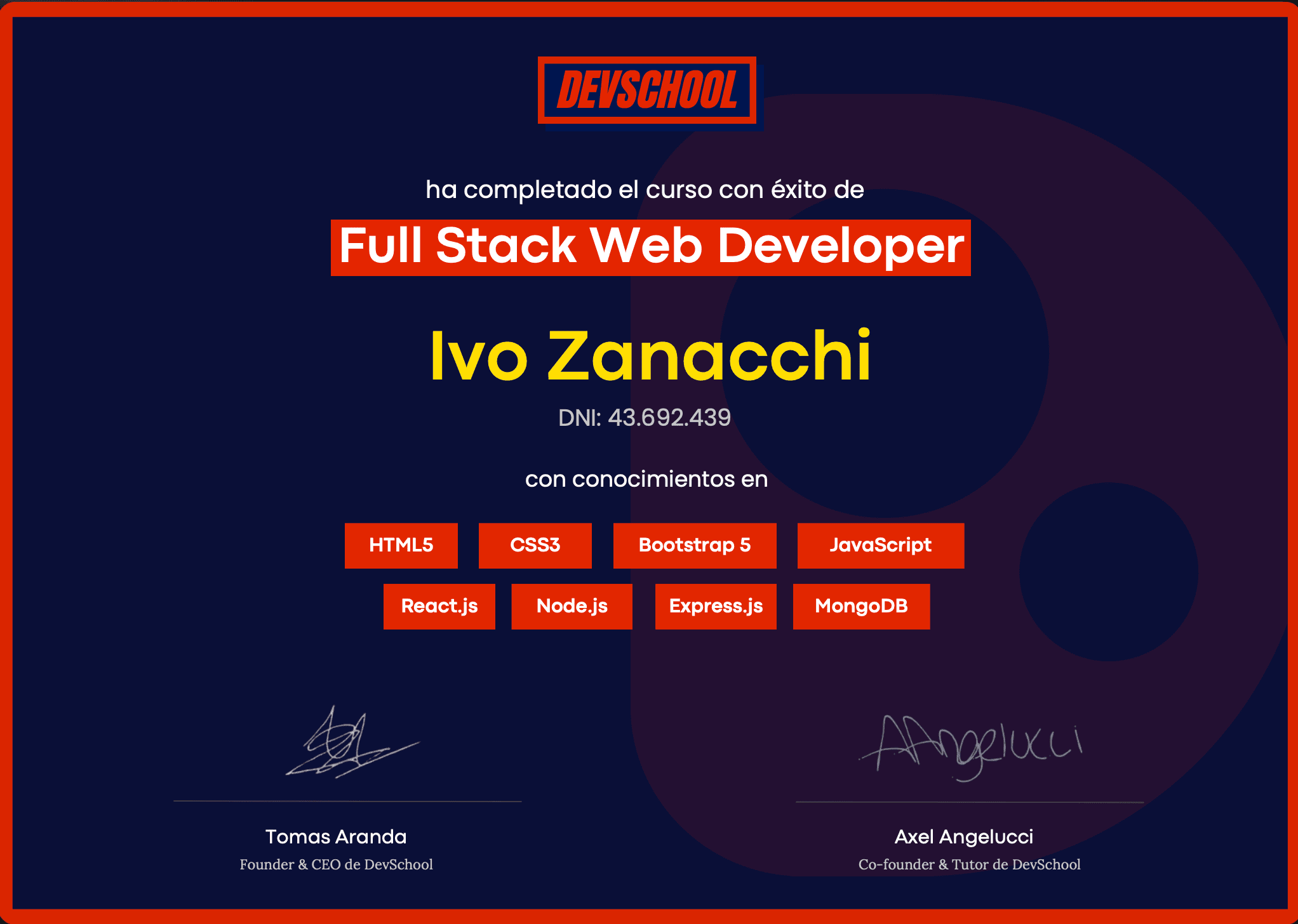 Full Stack Web Developer certificate from DevSchool