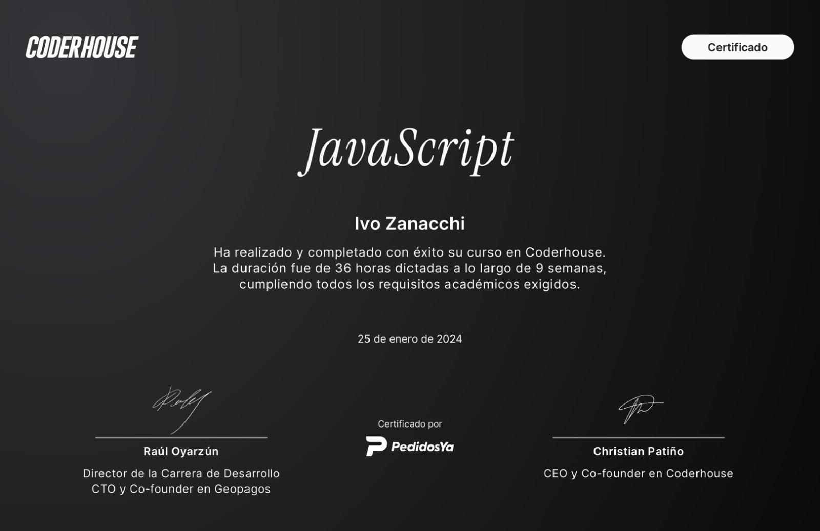 JavaScript certificate from Coderhouse, certified by PedidosYa