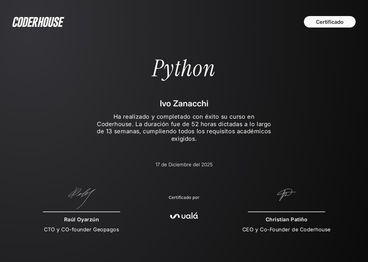 Python certificate from Coderhouse, certified by Ualá