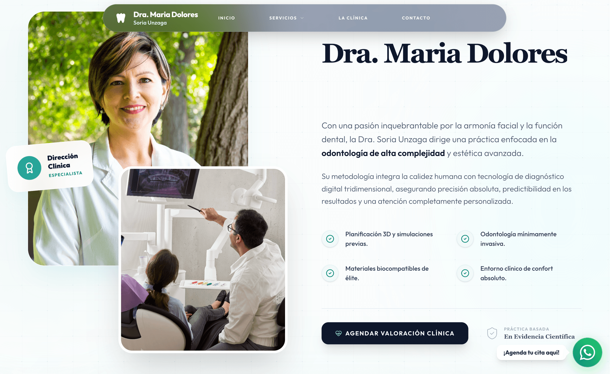 Consultorio Odontológico — doctor profile with credentials and chairside photo