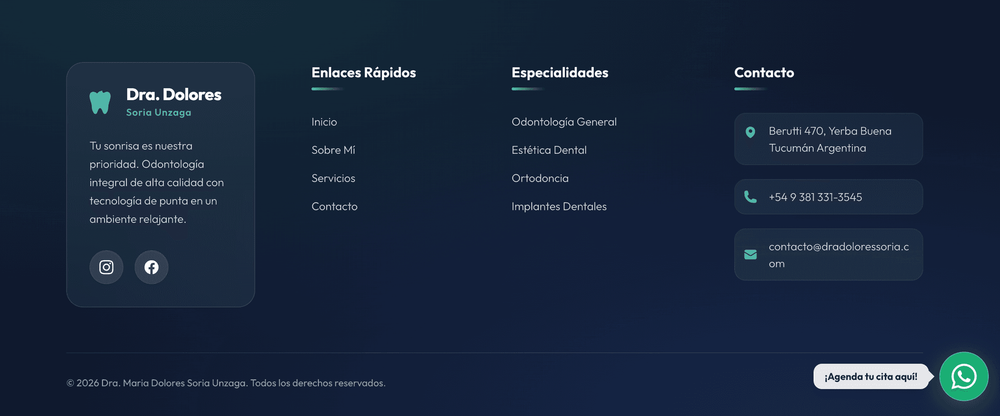 Consultorio Odontológico — site footer with quick links, specialties, and contact block