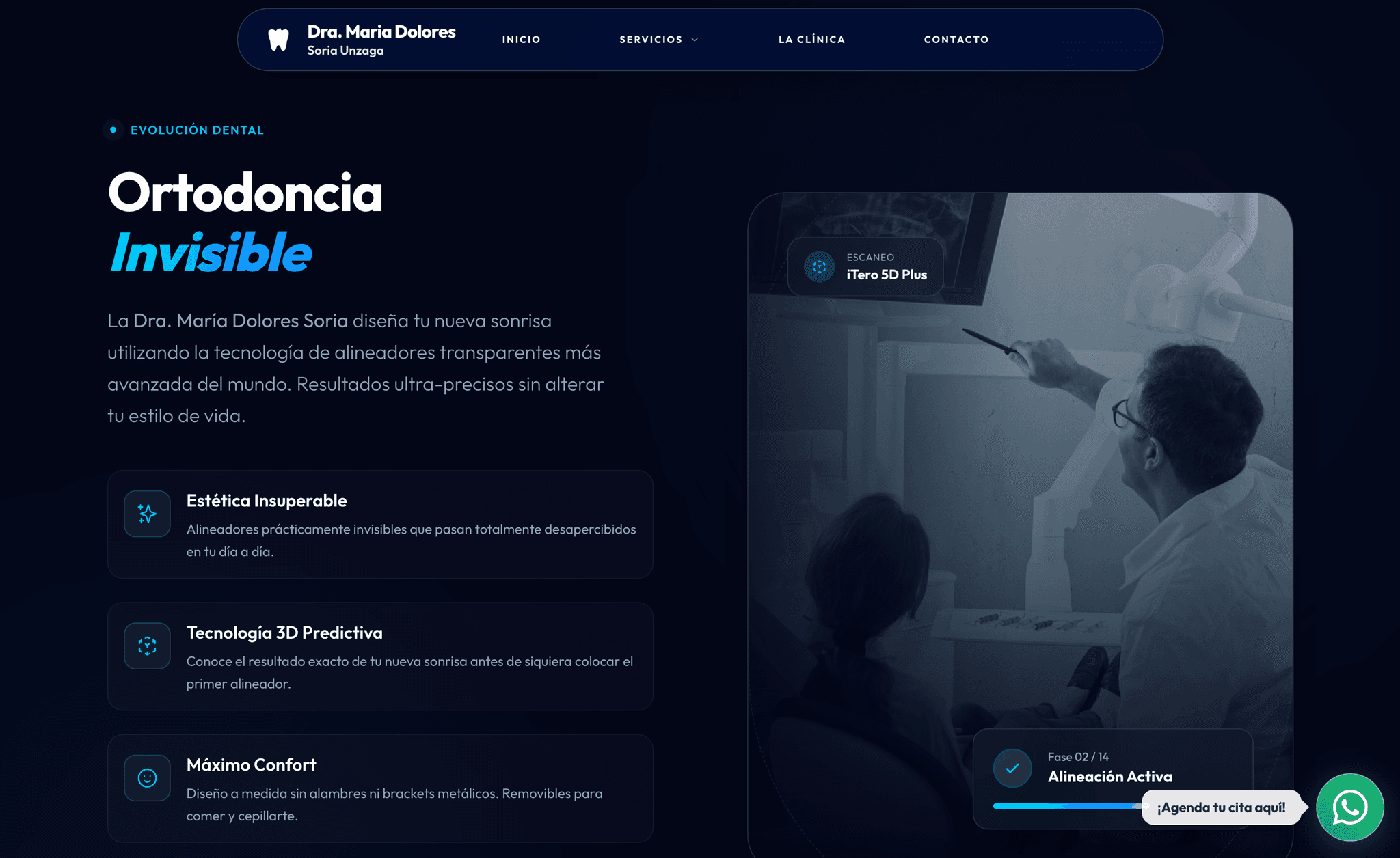 Consultorio Odontológico — invisible orthodontics treatment page with iTero scanner and phase tracker
