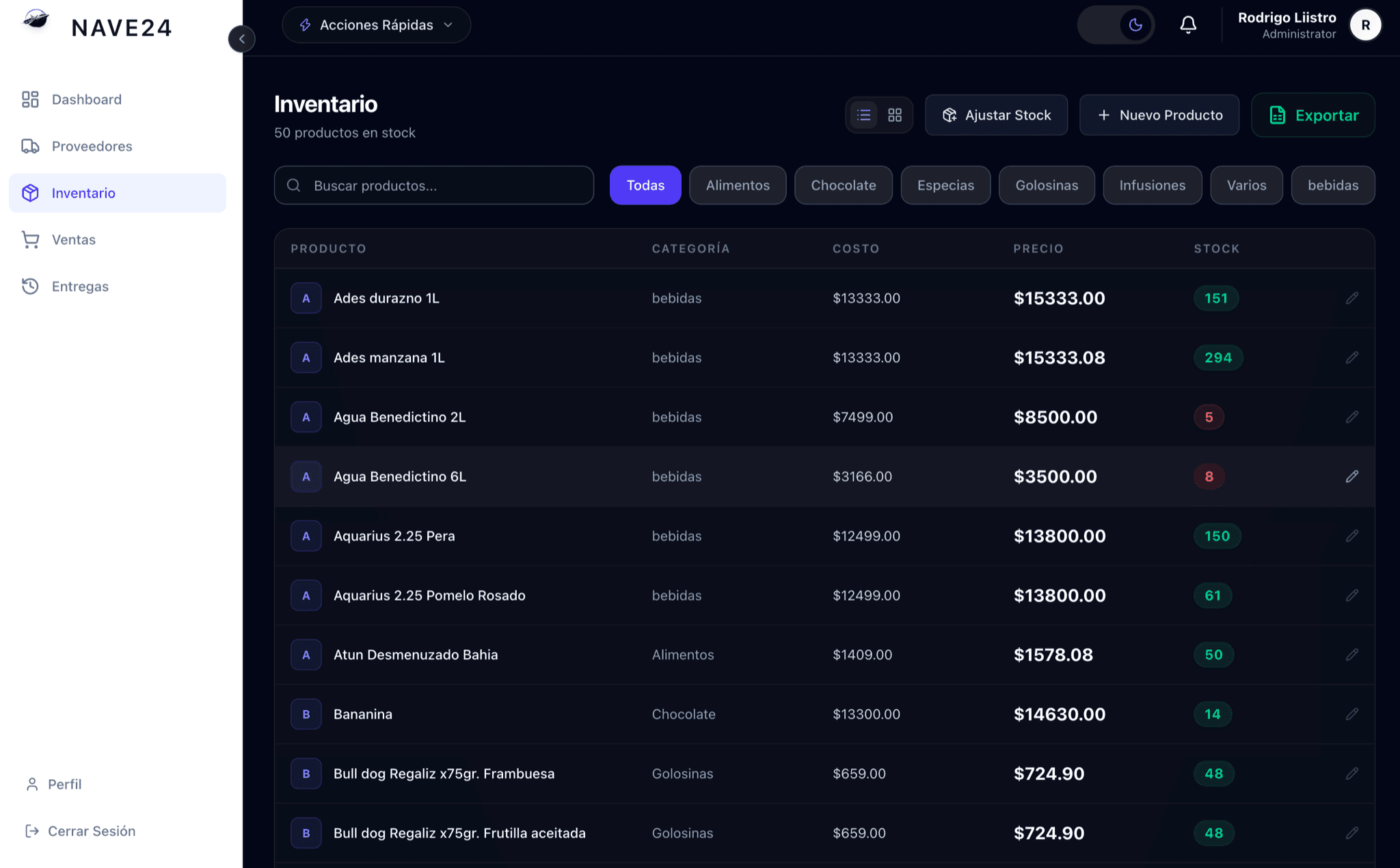 Nave24 Stock — inventory management table