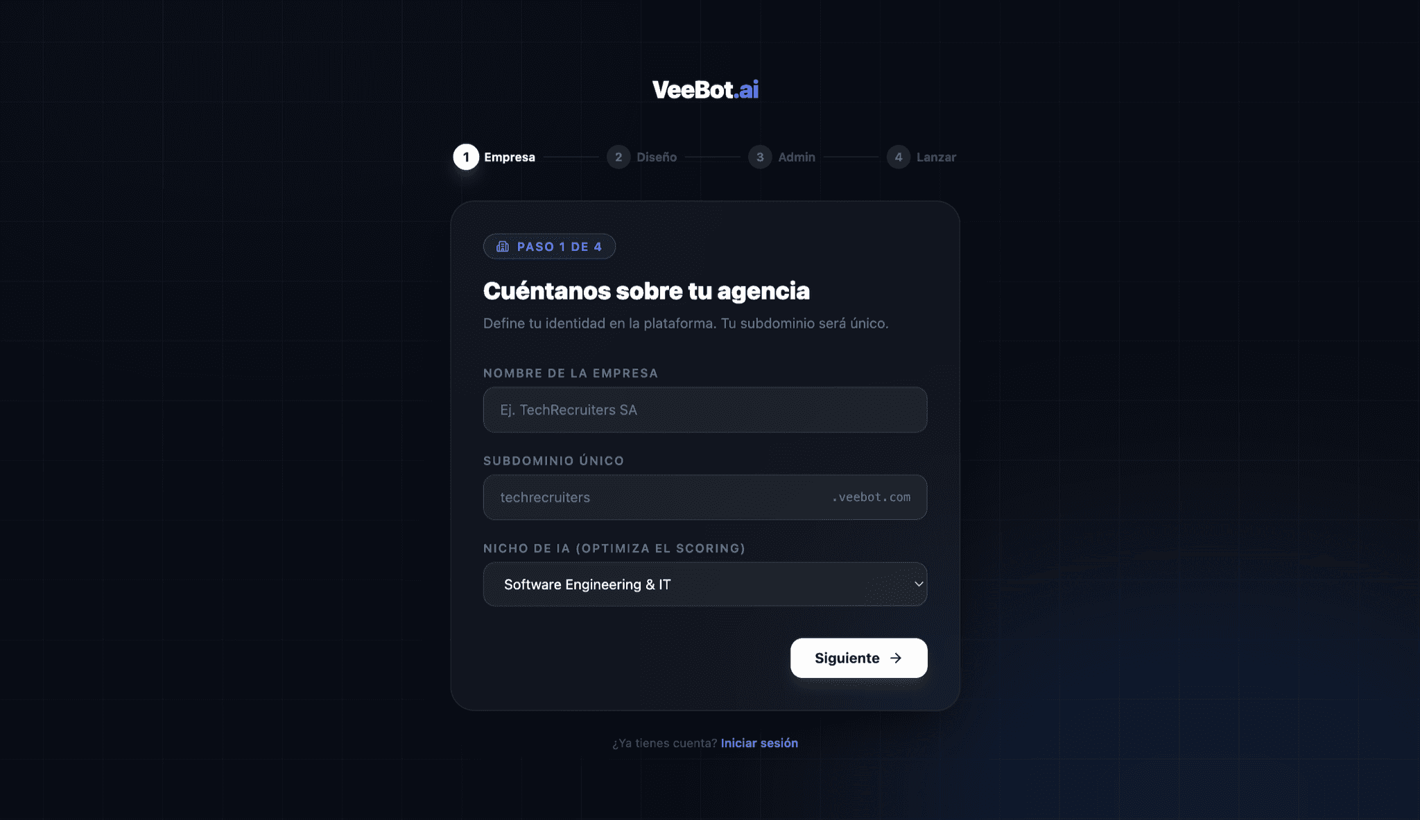VeeBot SaaS — agency onboarding wizard, step one