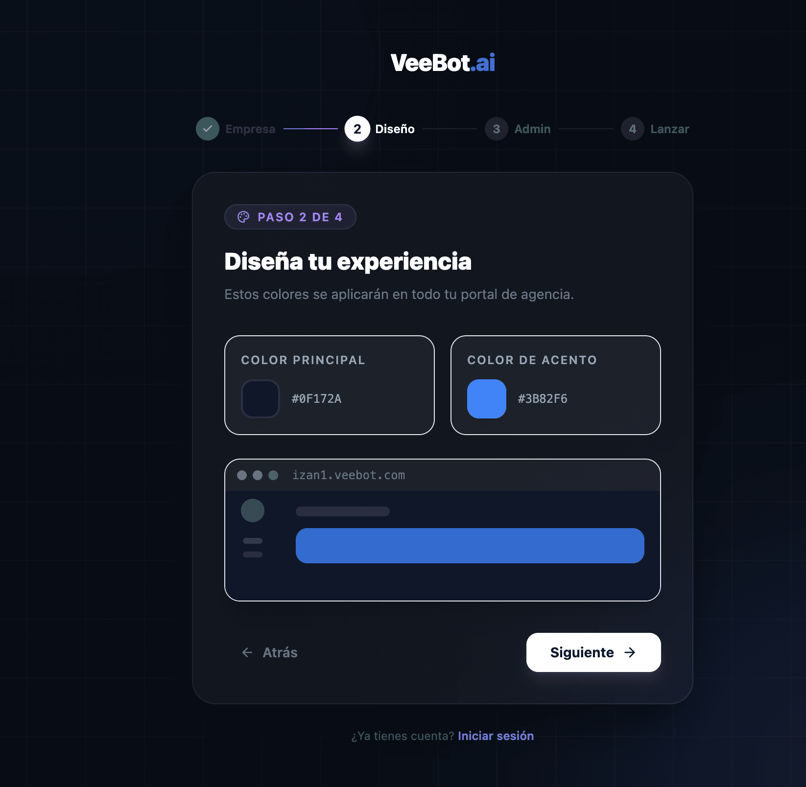 VeeBot SaaS — onboarding step two, portal colour design with live preview