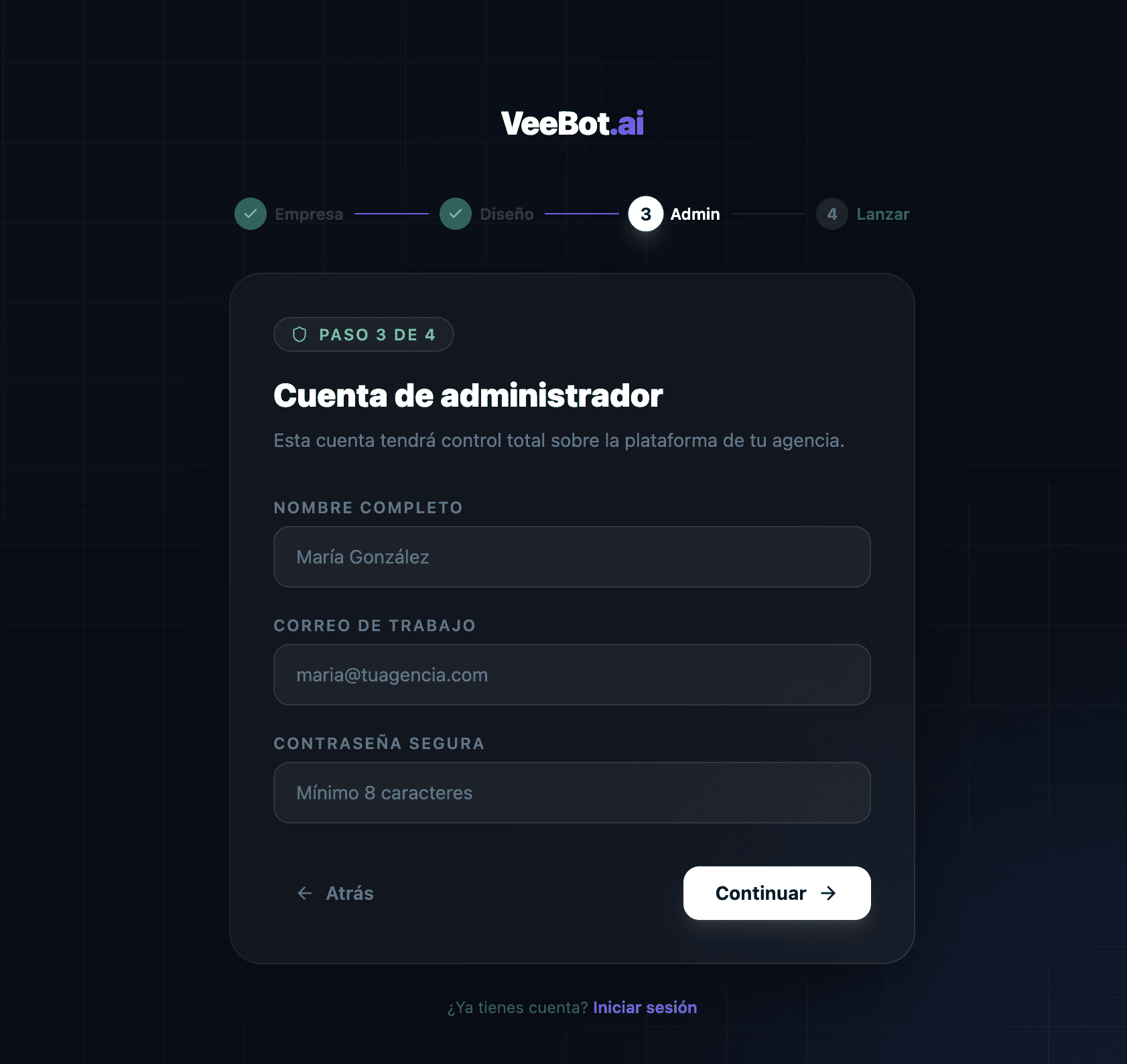 VeeBot SaaS — onboarding step three, administrator account creation