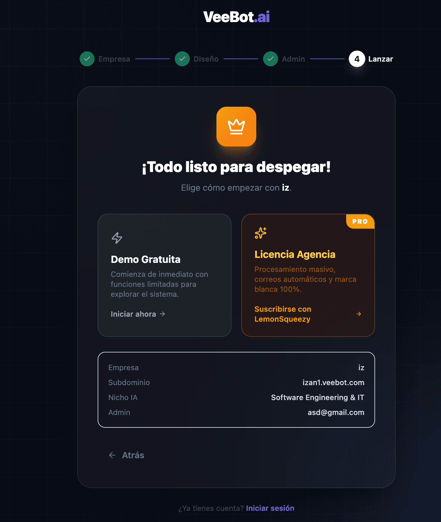 VeeBot SaaS — onboarding step four, launch with demo or agency licence